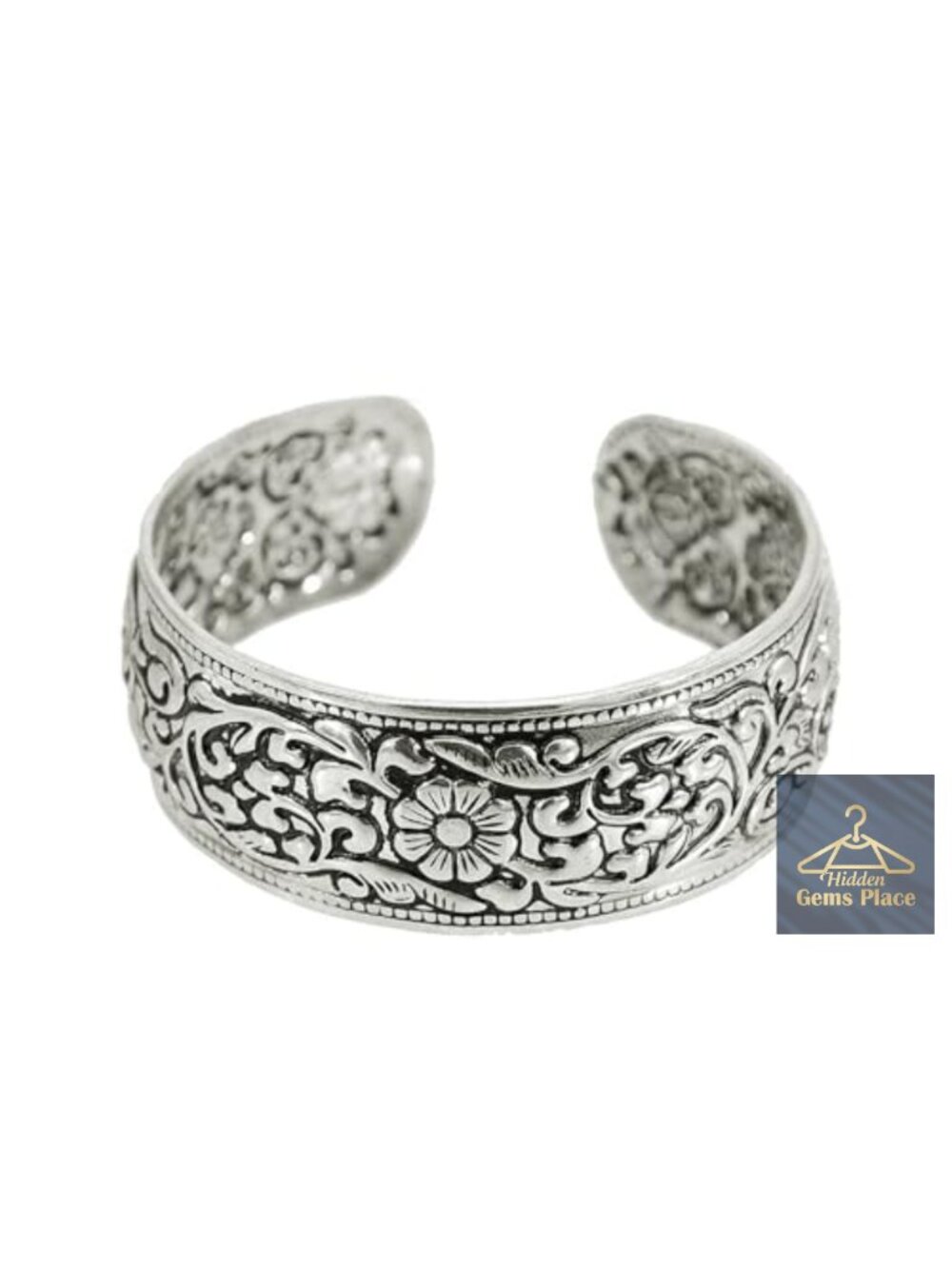 Vintage Carved Flower Cuff Bracelet - Adjustable Open Bangle
